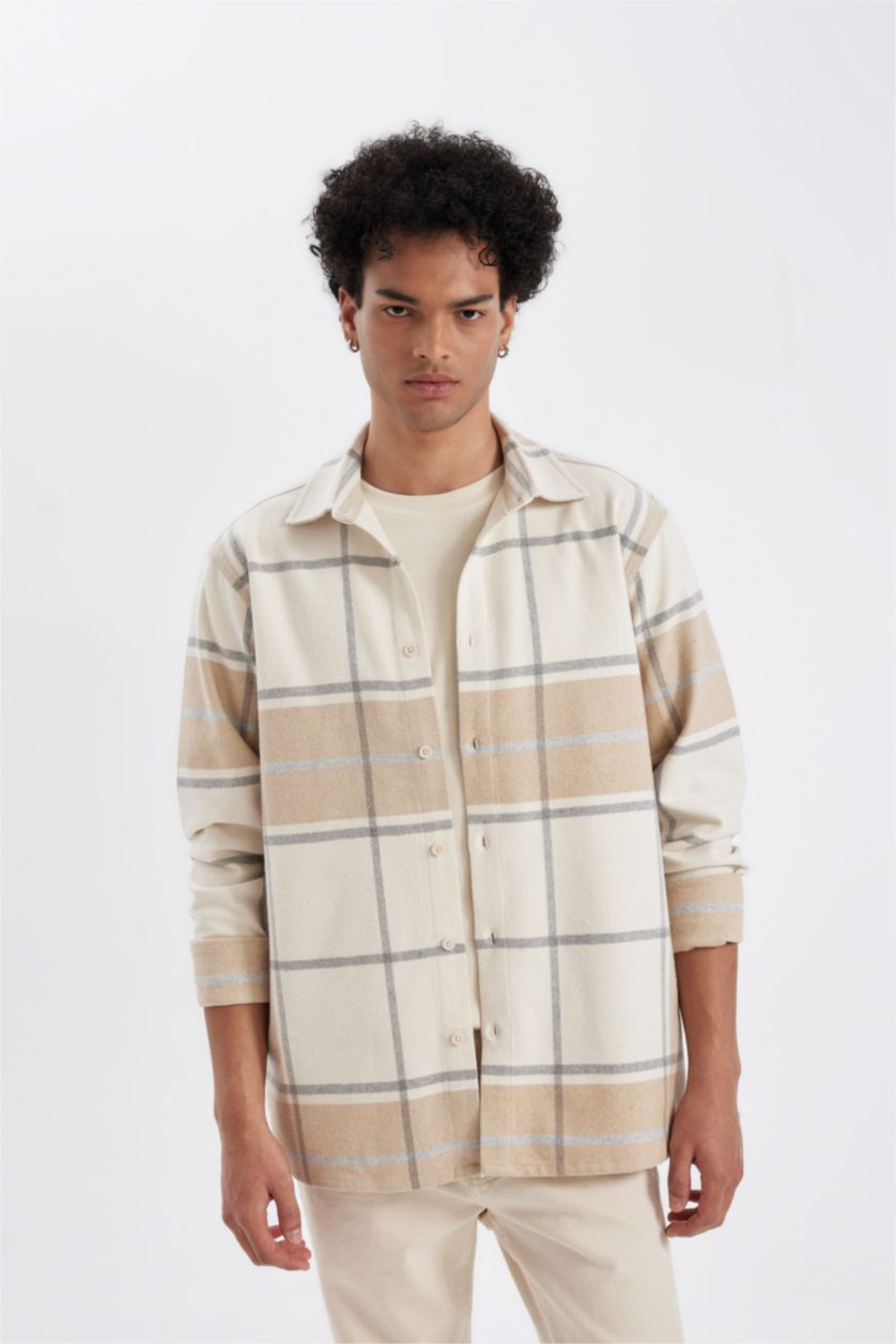 رجالي اللون الحجري Regular Fit Woodcutter Long Sleeve Shirt