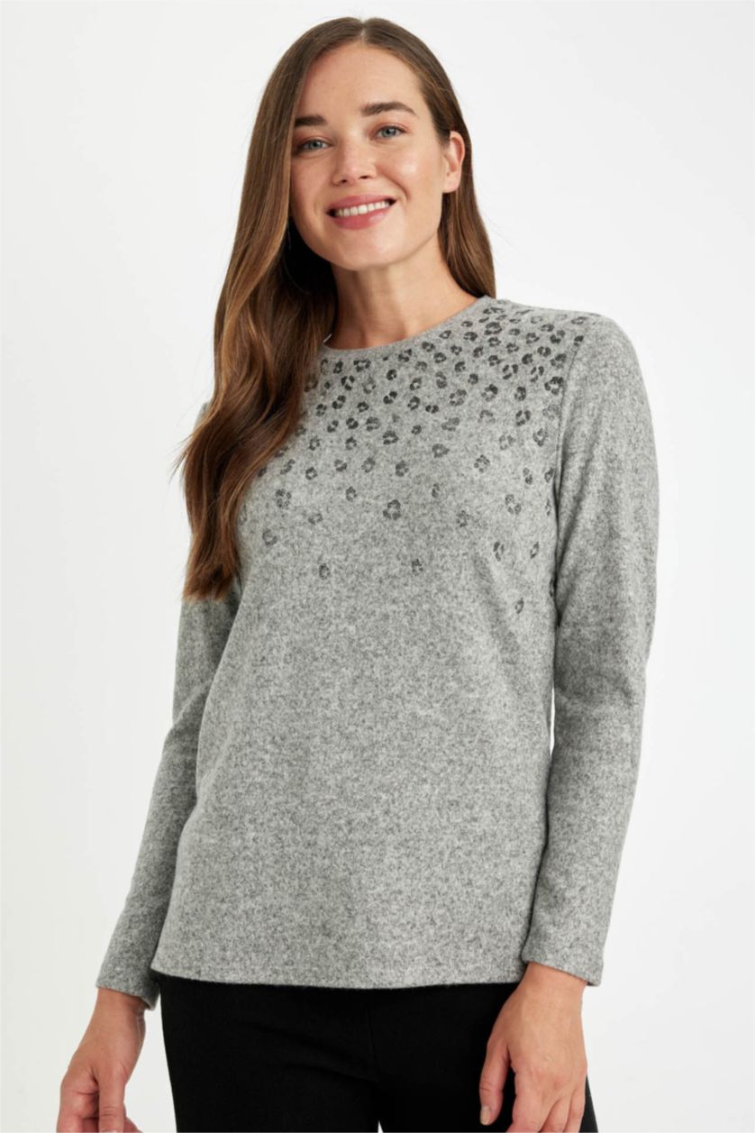 Женщины Серый меланж Футболка свободного кроя с принтом