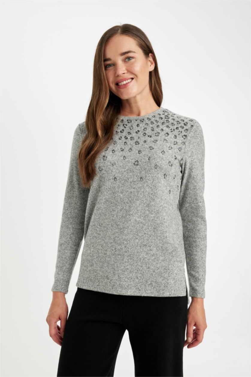 Женщины Серый меланж Футболка свободного кроя с принтом