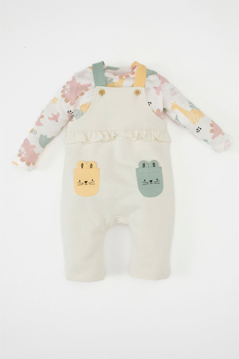 Kız Bebek Açık Pembe Kız Bebek 2'li Takım Baskılı Uzun Kollu Tişört Ayarlanabilir Salopet