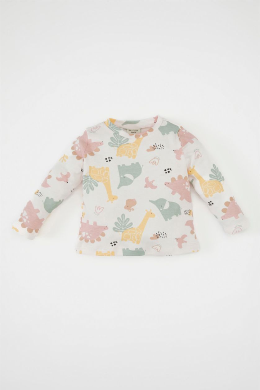 Kız Bebek Açık Pembe Kız Bebek 2'li Takım Baskılı Uzun Kollu Tişört Ayarlanabilir Salopet