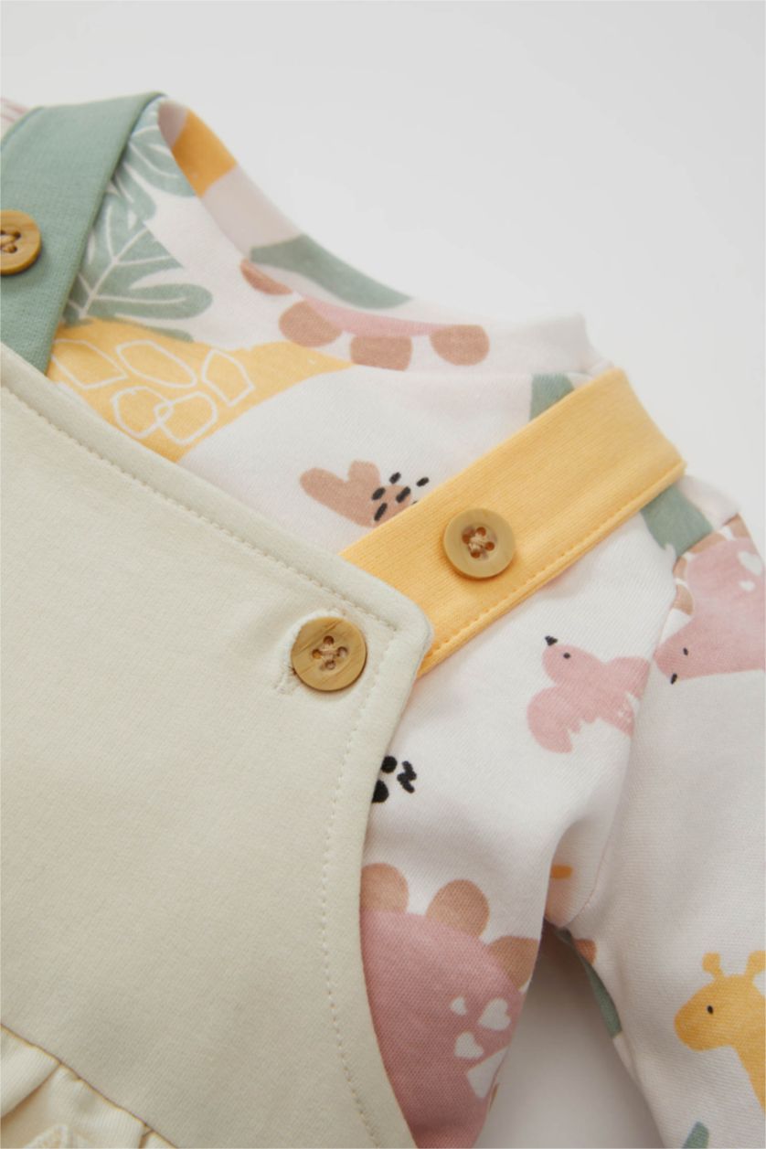 Kız Bebek Açık Pembe Kız Bebek 2'li Takım Baskılı Uzun Kollu Tişört Ayarlanabilir Salopet