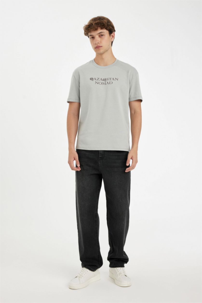 Erkek Açık Gri Regular Fit Bisiklet Yaka Baskılı Ağır Kumaş Kısa Kollu Tişört