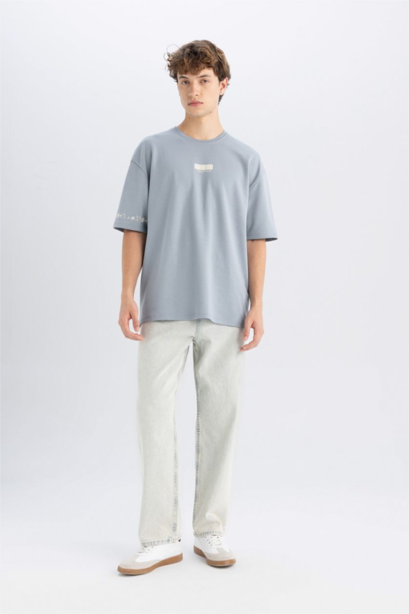 Erkek Açık Gri Oversize Fit Bisiklet Yaka Baskılı Ağır Kumaş Tişört