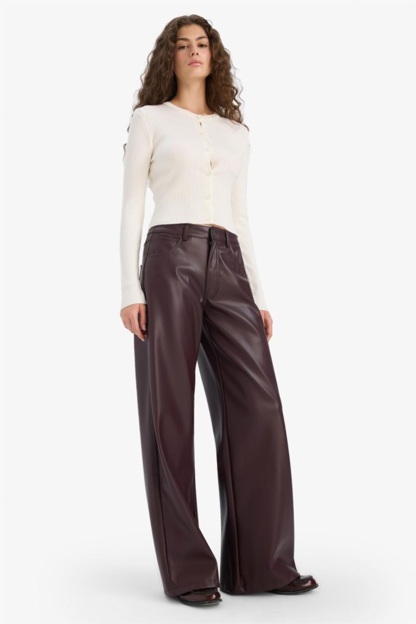 Женщины Бордовый Широкие брюки из искусственной кожи с нормальной талией и стандартной длиной