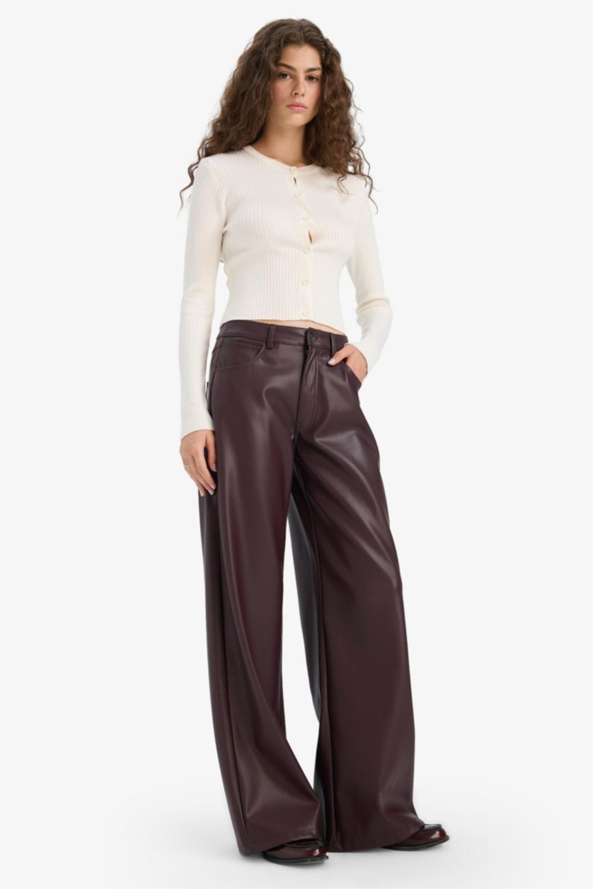 Женщины Бордовый Широкие брюки из искусственной кожи с нормальной талией и стандартной длиной