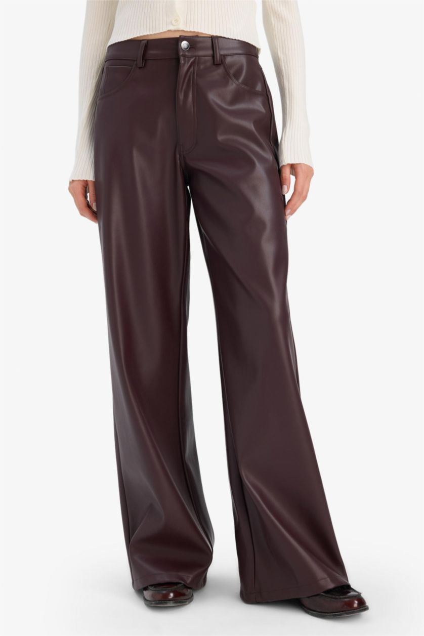 Женщины Бордовый Широкие брюки из искусственной кожи с нормальной талией и стандартной длиной