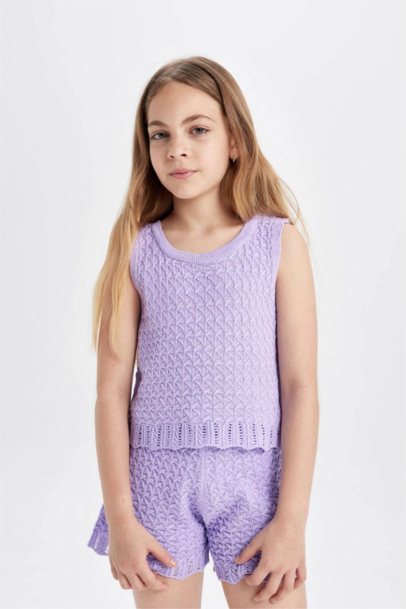Kız Çocuk - Genç Kız Lila Ajurlu Triko Atlet Kız Çocuk