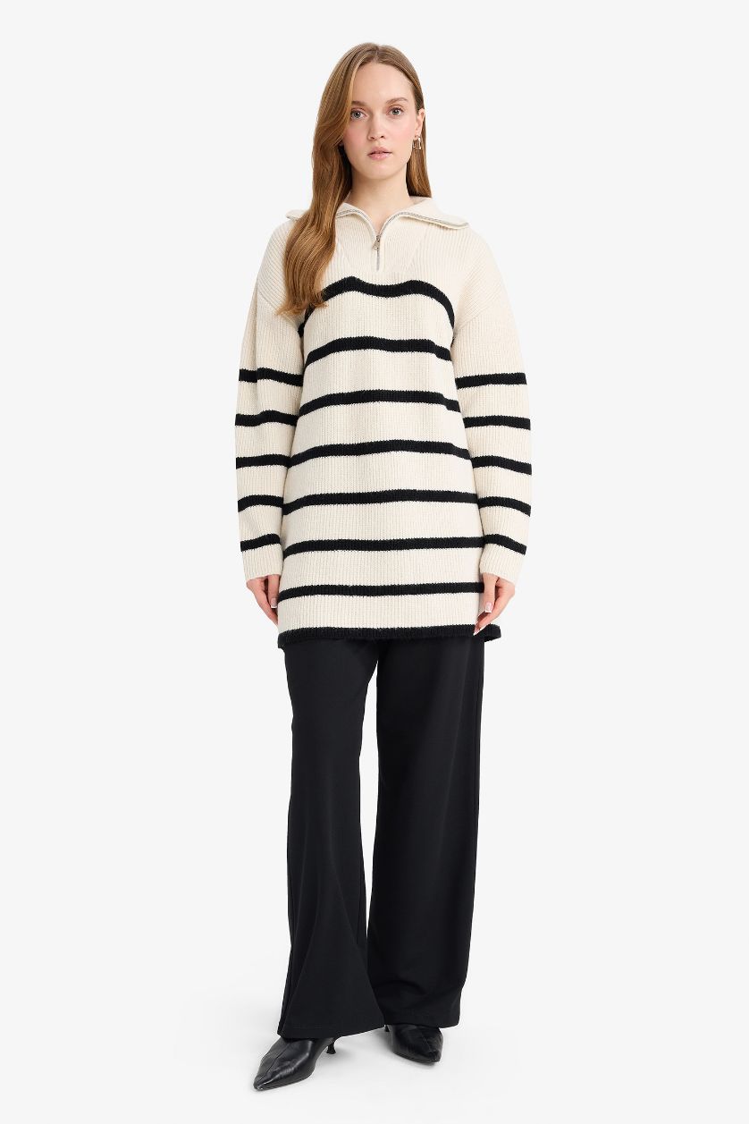 WOMAN Ecru Regular Fit Half Zipper Stripped Knitwear Pullover