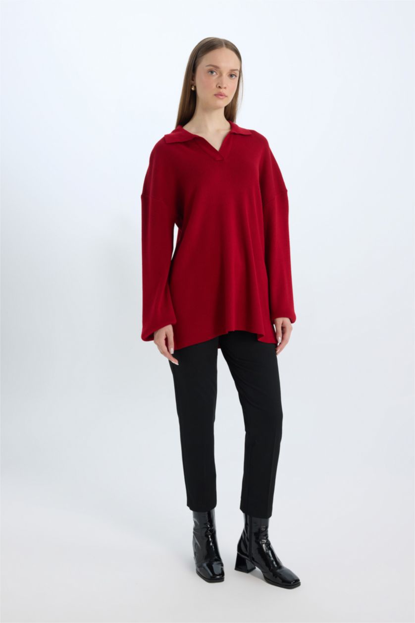 FEMME Rouge Tunique Pull à Col Polo Coupe Régulière
