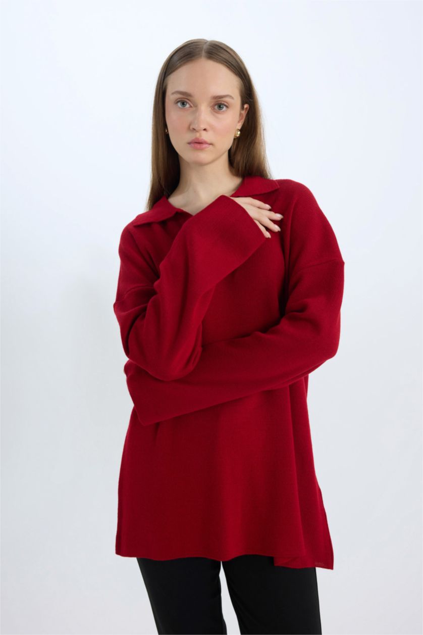 FEMME Rouge Tunique Pull à Col Polo Coupe Régulière