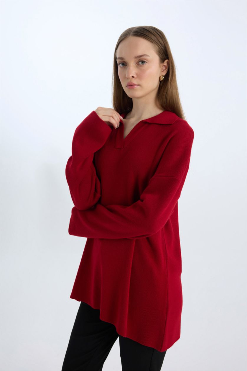 FEMME Rouge Tunique Pull à Col Polo Coupe Régulière