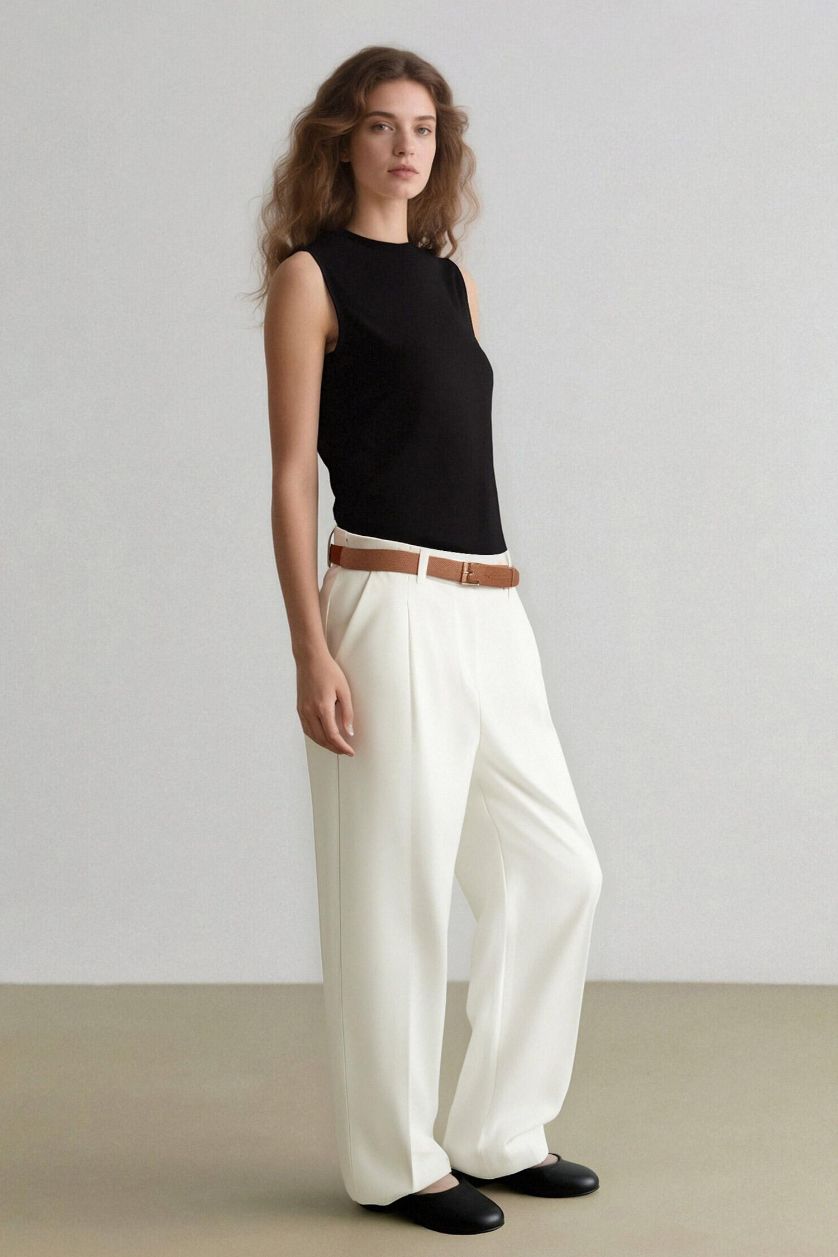 Kadın Kırık Beyaz 	Carrot Fit Gabardin Kumaş Pantolon Kemerli Yüksek Bel Kısa Paça