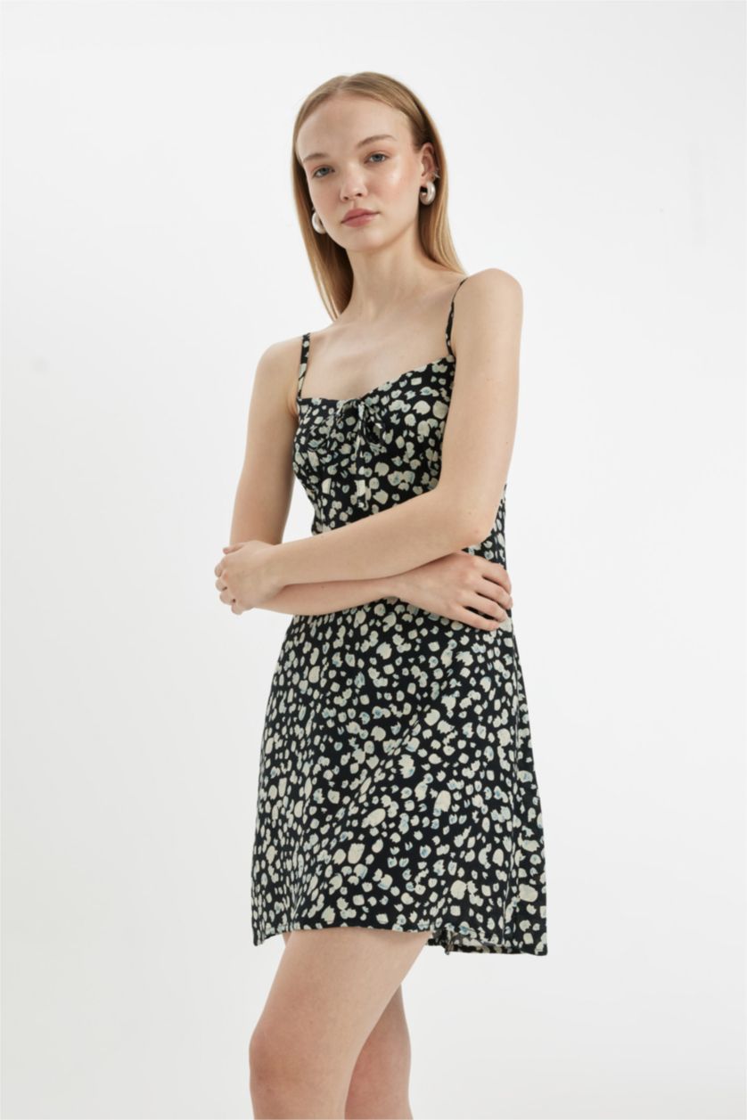 FEMME Noir Mini-Robe imprimée à Bretelles et Col en V