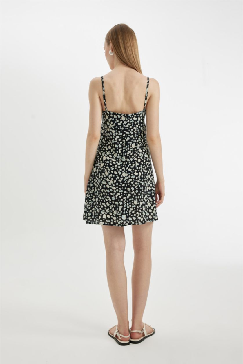 FEMME Noir Mini-Robe imprimée à Bretelles et Col en V