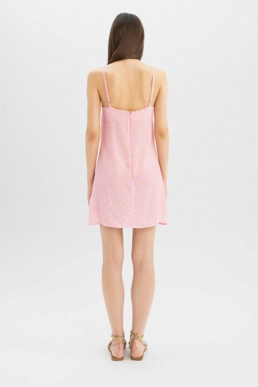 نساء زهري فستان قصير نص ردن مطبوع منسوج بياخة V