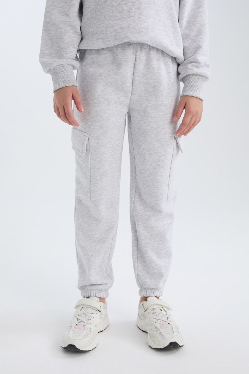 Kız Çocuk - Genç Kız Açık Gri Melange Kız Çocuk Kargo Cepli Beli Paçası Lastikli Jogger Eşofman Altı