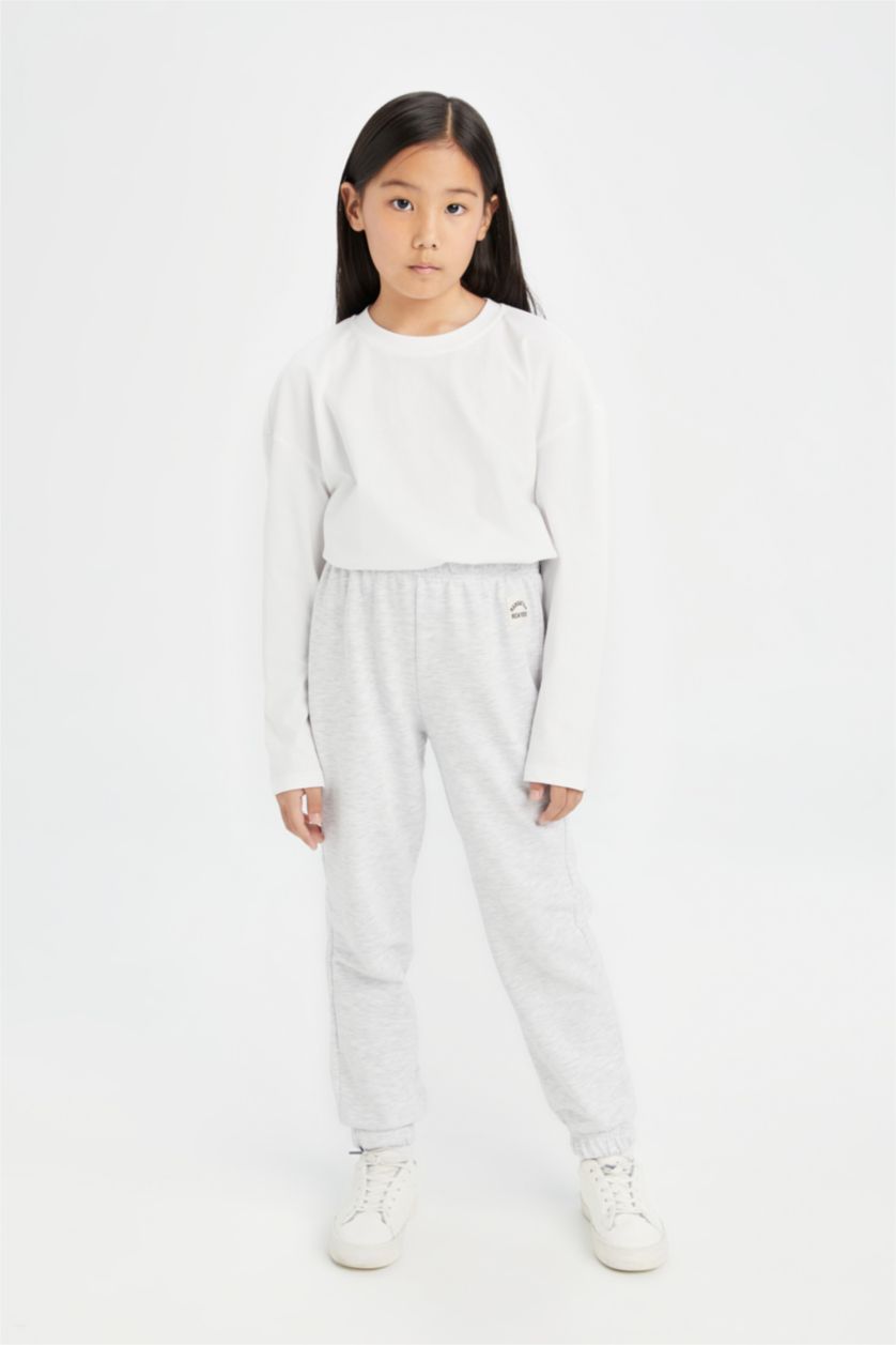 Kız Çocuk - Genç Kız Gri Melanj Beli Paçası Lastikli Baskılı Jogger Eşofman Altı Kız Çocuk
