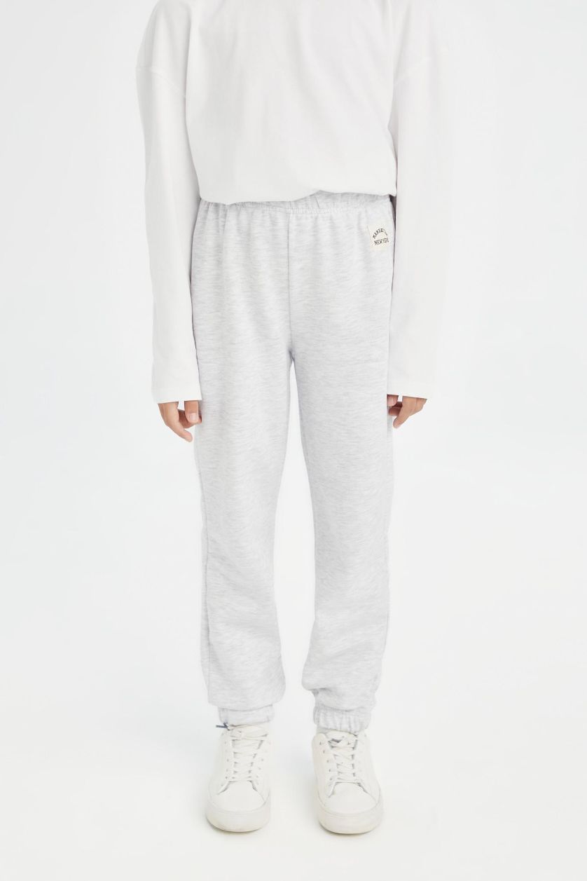 Kız Çocuk - Genç Kız Gri Melanj Beli Paçası Lastikli Baskılı Jogger Eşofman Altı Kız Çocuk