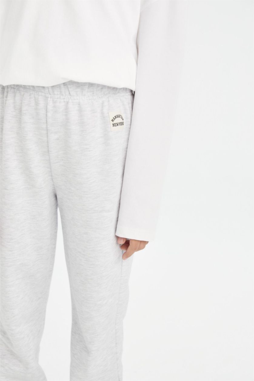 Kız Çocuk - Genç Kız Gri Melanj Beli Paçası Lastikli Baskılı Jogger Eşofman Altı Kız Çocuk