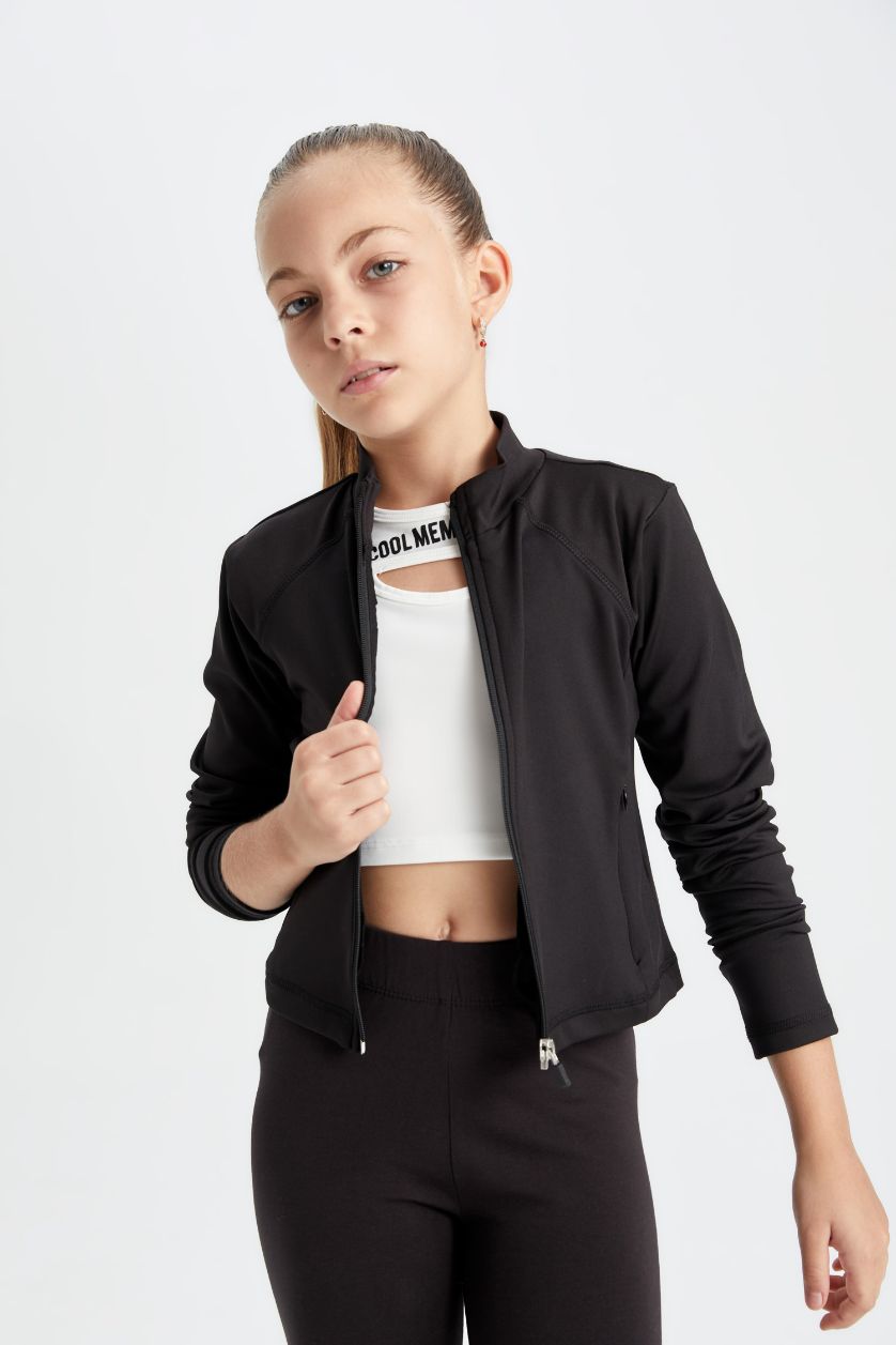 بنات أسود سترة سليم فيت بياقة واقفة بسحاب