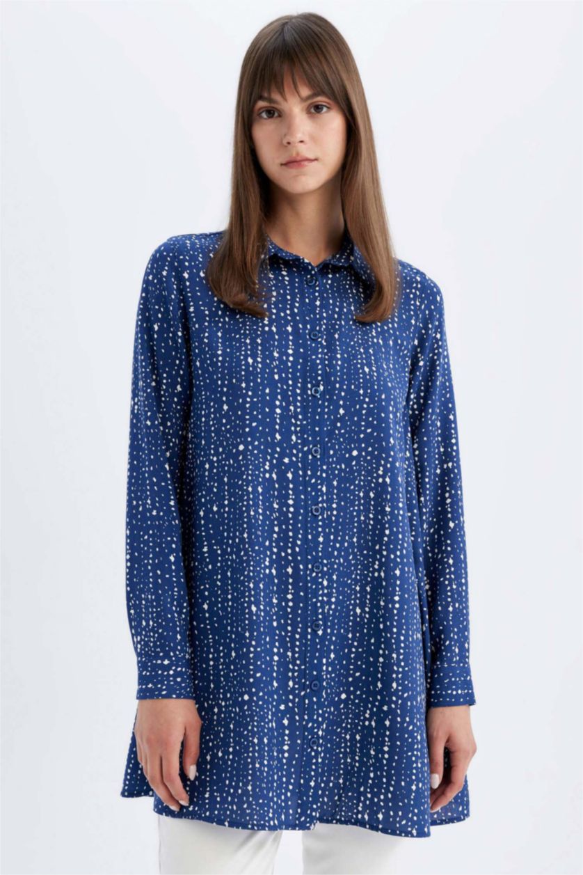 WOMAN Sax Regular Fit Patterned Viscose Basic Shirt Tunic