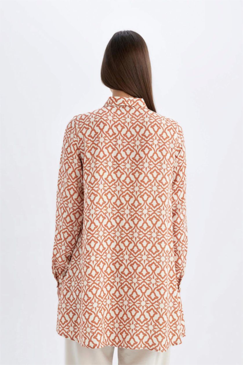 Kadın Koyu Turuncu Regular Fit Desenli Viskon Uzun Kollu Gömlek Tunik