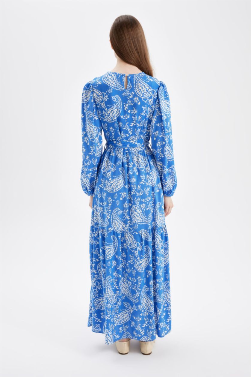 نساء أزرق فستان طويل فيسكوز مطبوع كم برقبة مستديرة