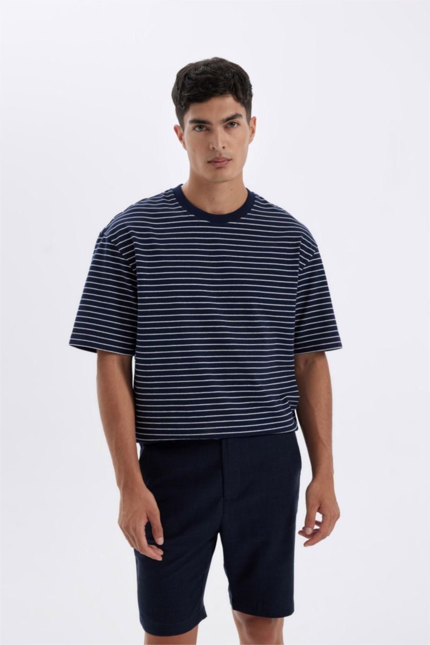 Erkek Lacivert Relax Fit Bisiklet Yaka Çizgili Kısa Kollu Tişört