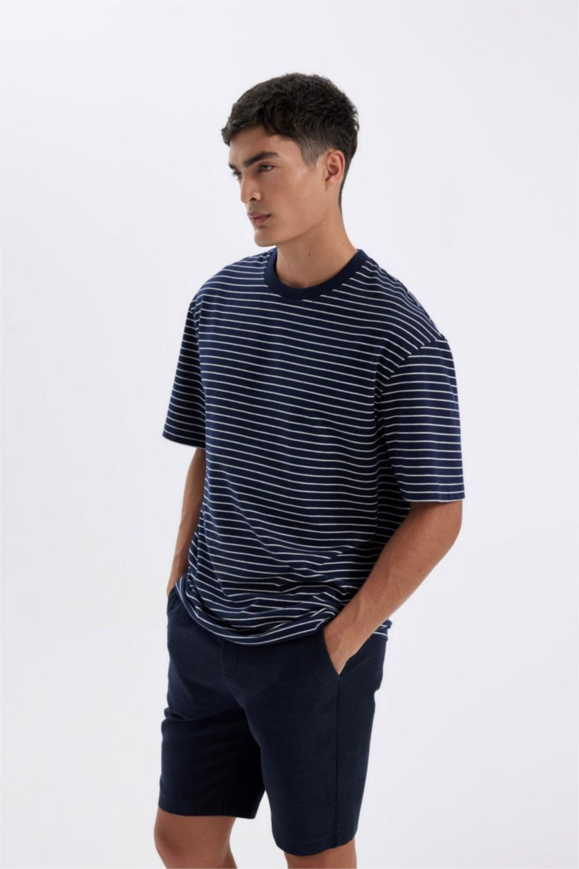Erkek Lacivert Relax Fit Bisiklet Yaka Çizgili Kısa Kollu Tişört