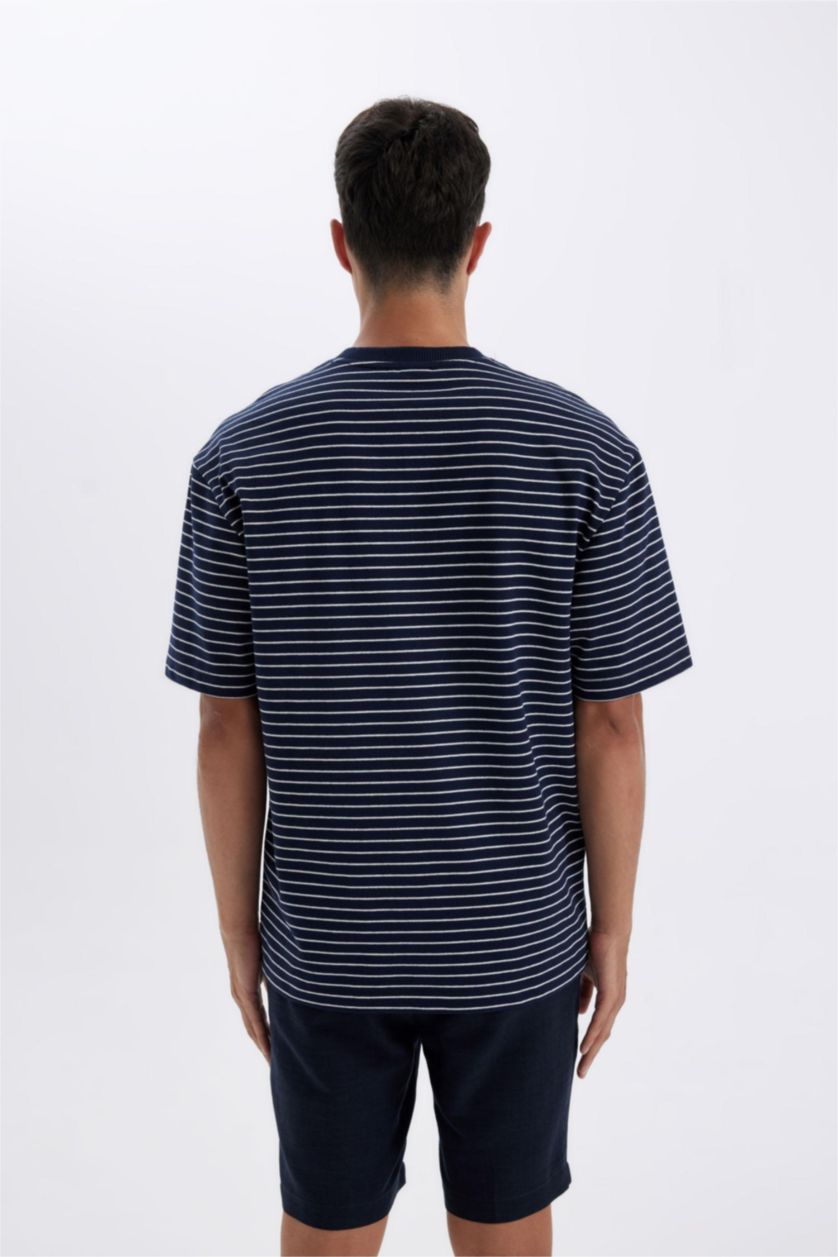 Erkek Lacivert Relax Fit Bisiklet Yaka Çizgili Kısa Kollu Tişört
