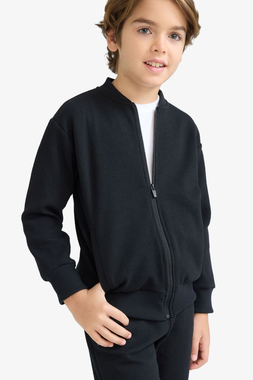 Boys & Teens Black Boy College Collar Zippered Pocket Bomber Cardigan