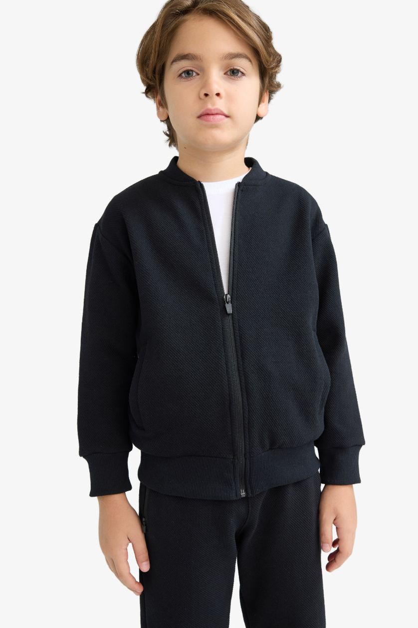 Boys & Teens Black Boy College Collar Zippered Pocket Bomber Cardigan