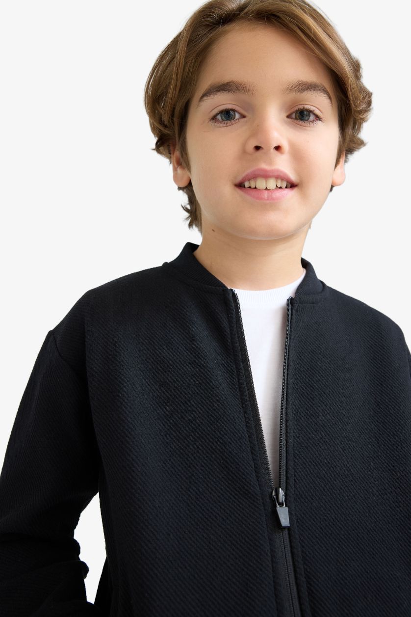 Boys & Teens Black Boy College Collar Zippered Pocket Bomber Cardigan