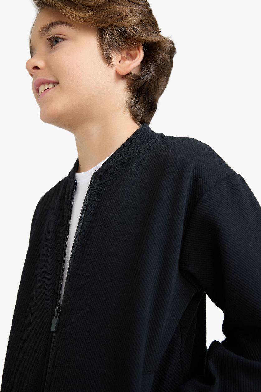 Boys & Teens Black Boy College Collar Zippered Pocket Bomber Cardigan