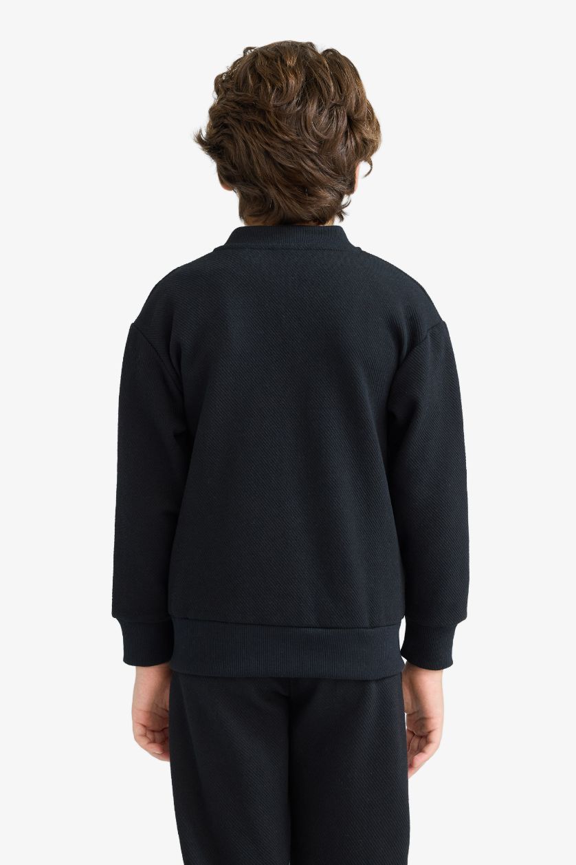 Boys & Teens Black Boy College Collar Zippered Pocket Bomber Cardigan