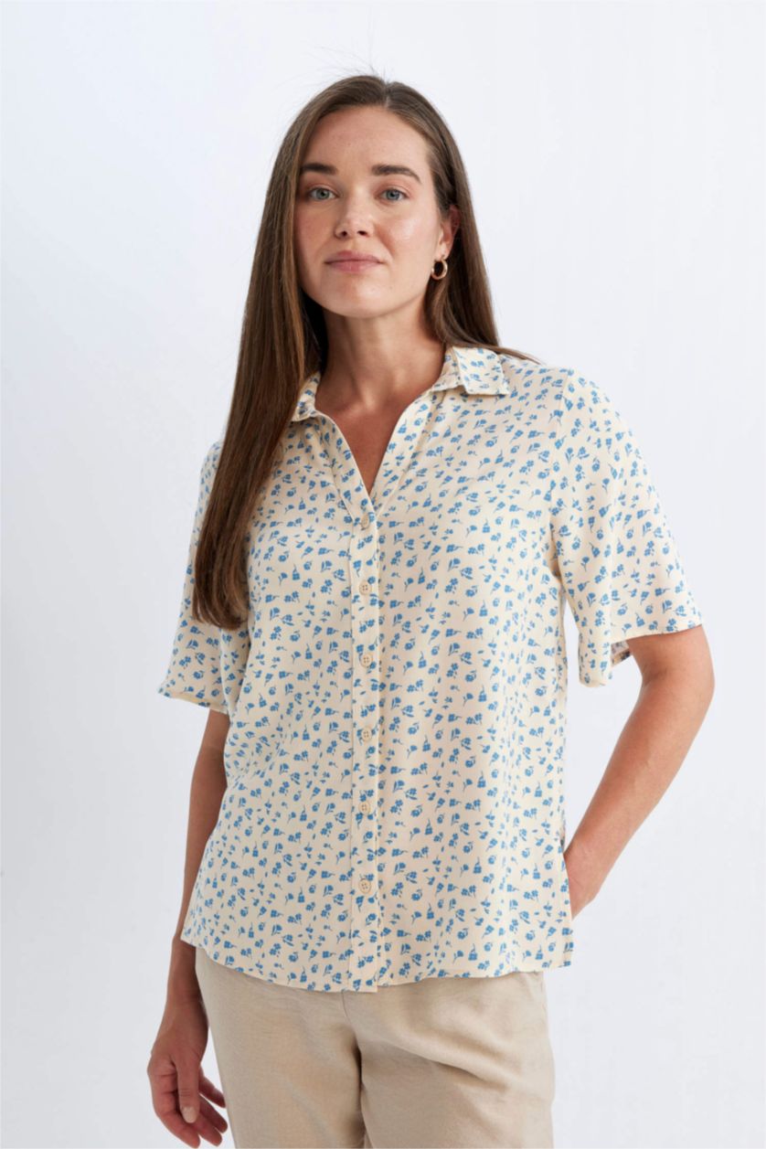 WOMAN Ecru Regular Fit Patterned Short Sleeve Shirt