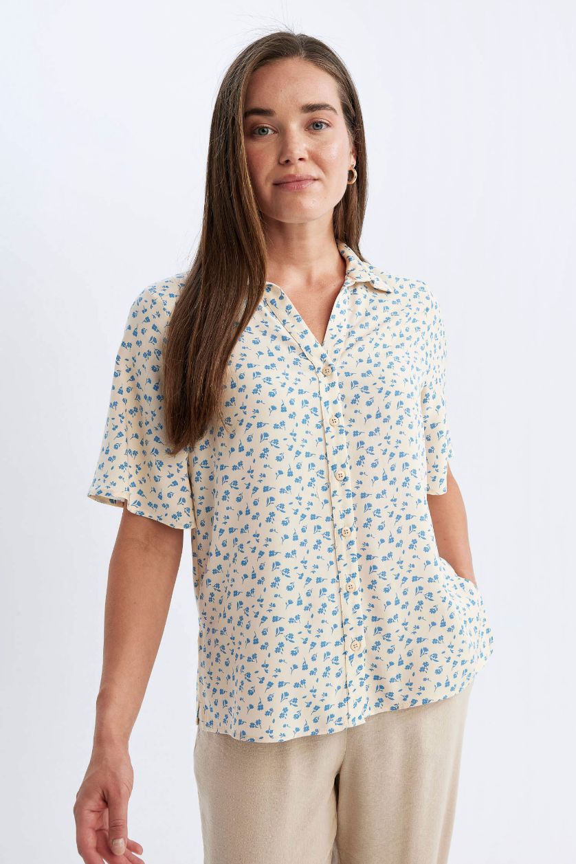 WOMAN Ecru Regular Fit Patterned Short Sleeve Shirt