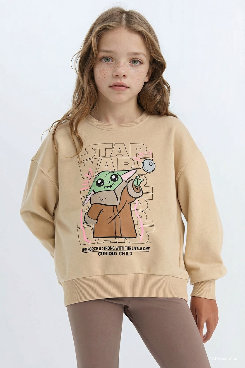 Kız Çocuk - Genç Kız Bej Kız Çocuk Star Wars-Mandalorian Relax Fit Bisiklet Yaka Sweatshirt