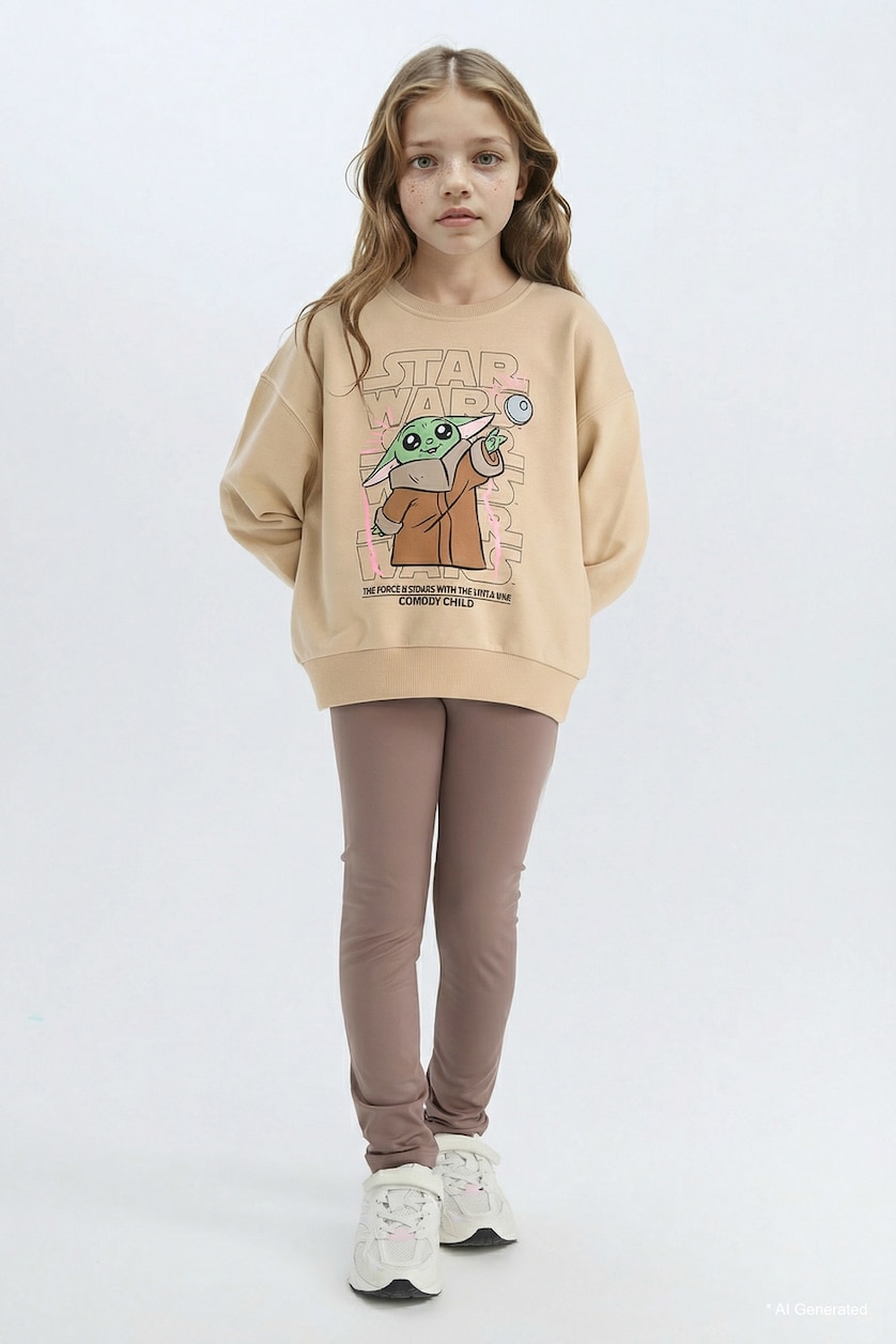 Kız Çocuk - Genç Kız Bej Kız Çocuk Star Wars-Mandalorian Relax Fit Bisiklet Yaka Sweatshirt