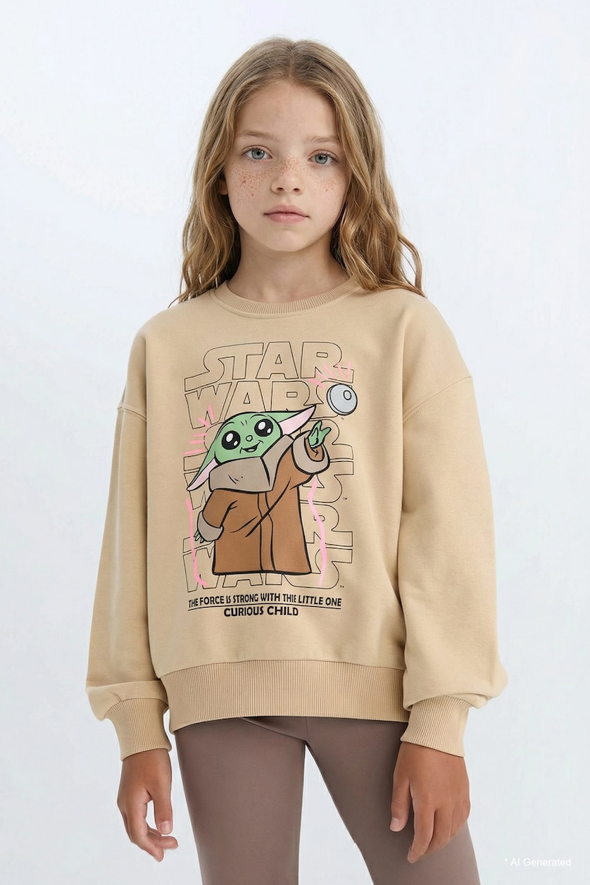 Kız Çocuk - Genç Kız Bej Kız Çocuk Star Wars-Mandalorian Relax Fit Bisiklet Yaka Sweatshirt