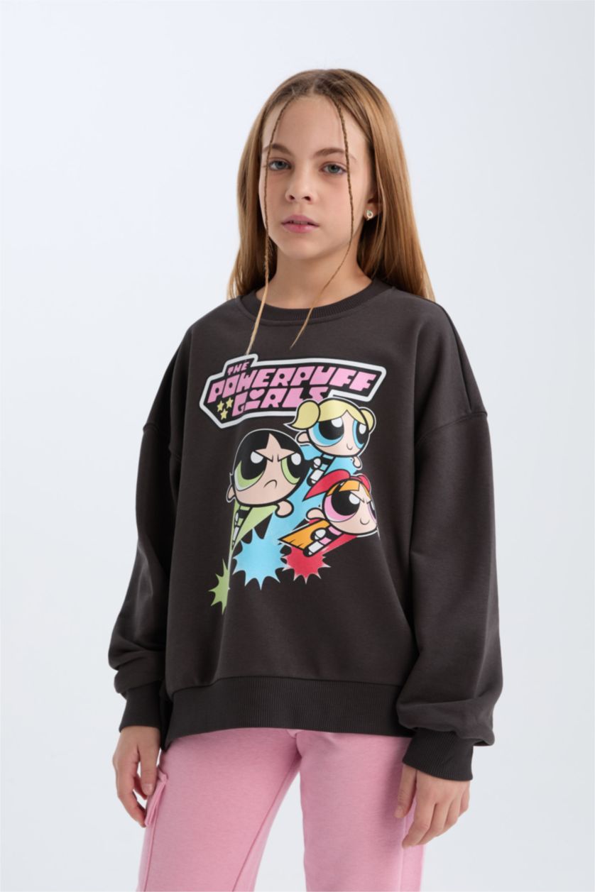 Kız Çocuk - Genç Kız Antrasit PowerPuff Girls Oversize Geniş Kalıp Bisiklet Yaka Sweatshirt Kız Çocuk