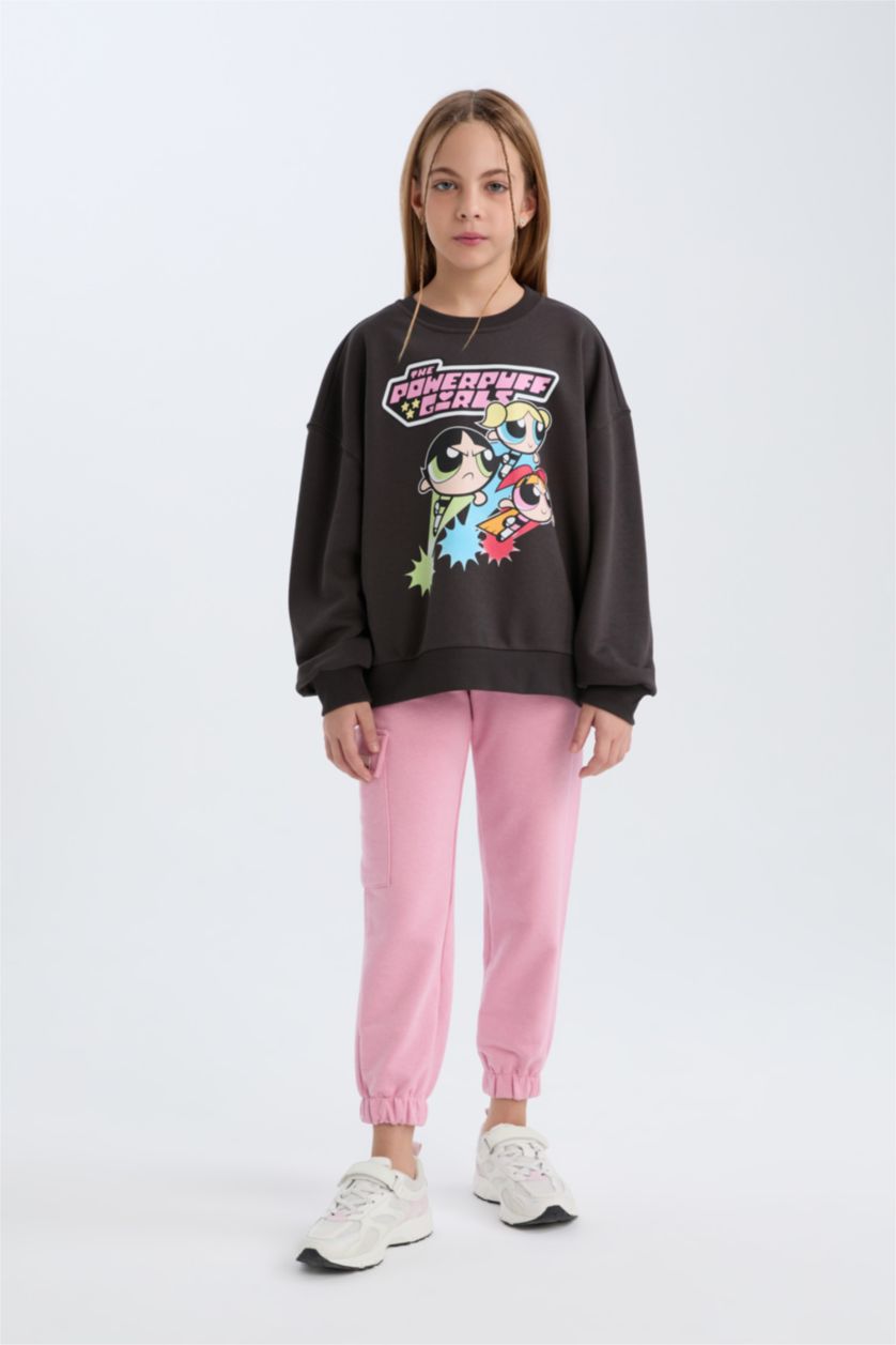 Kız Çocuk - Genç Kız Antrasit PowerPuff Girls Oversize Geniş Kalıp Bisiklet Yaka Sweatshirt Kız Çocuk