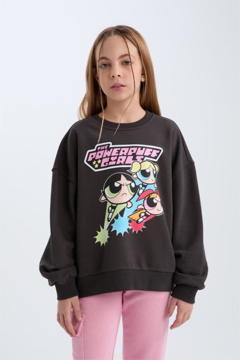 Kız Çocuk - Genç Kız Antrasit PowerPuff Girls Oversize Geniş Kalıp Bisiklet Yaka Sweatshirt Kız Çocuk