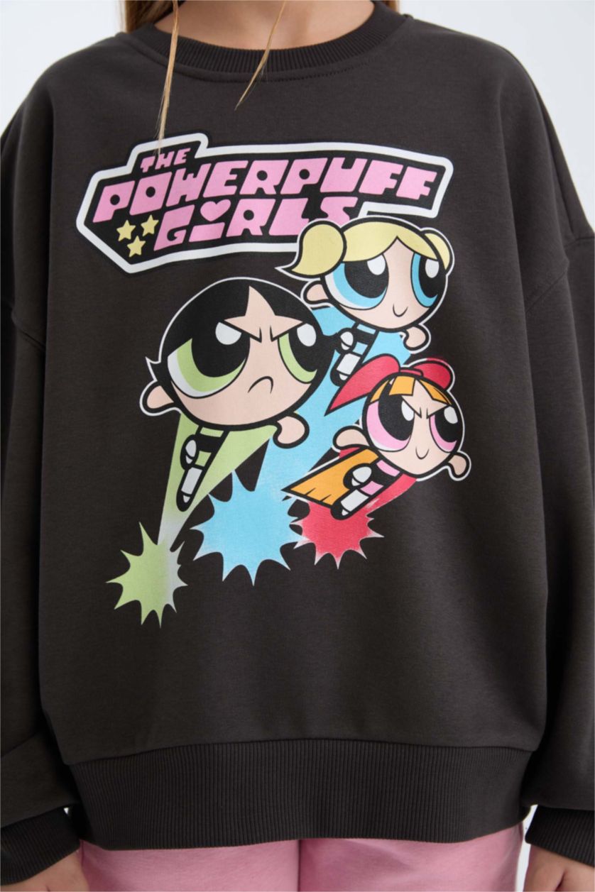 Kız Çocuk - Genç Kız Antrasit PowerPuff Girls Oversize Geniş Kalıp Bisiklet Yaka Sweatshirt Kız Çocuk