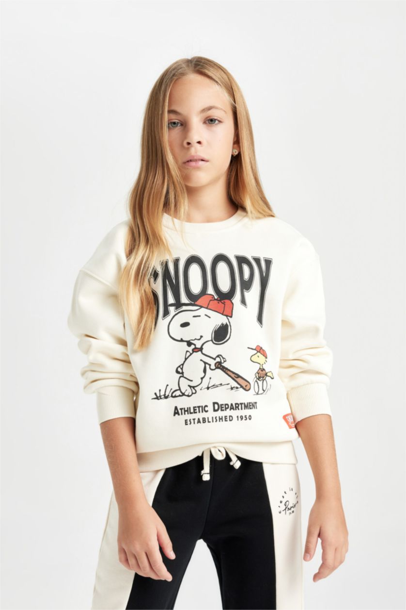 Kız Çocuk - Genç Kız Ekru Snoopy Oversize Geniş Kalıp Bisiklet Yaka Sweatshirt Kız Çocuk