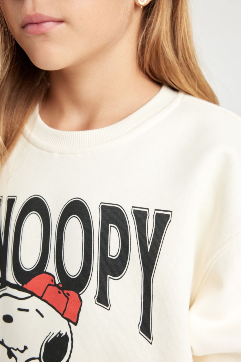 Kız Çocuk - Genç Kız Ekru Snoopy Oversize Geniş Kalıp Bisiklet Yaka Sweatshirt Kız Çocuk