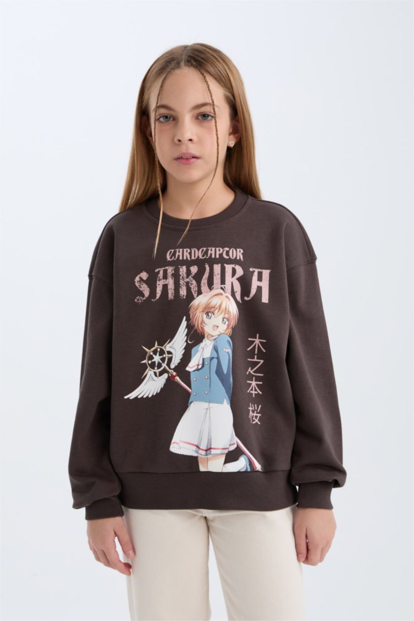 Kız Çocuk - Genç Kız Antrasit Sakura Oversize Geniş Kalıp Bisiklet Yaka Sweatshirt Kız Çocuk