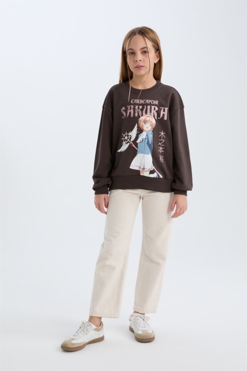 Kız Çocuk - Genç Kız Antrasit Sakura Oversize Geniş Kalıp Bisiklet Yaka Sweatshirt Kız Çocuk