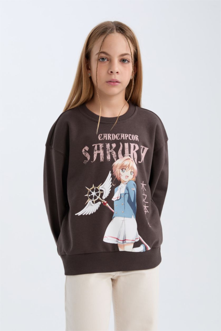 Kız Çocuk - Genç Kız Antrasit Sakura Oversize Geniş Kalıp Bisiklet Yaka Sweatshirt Kız Çocuk